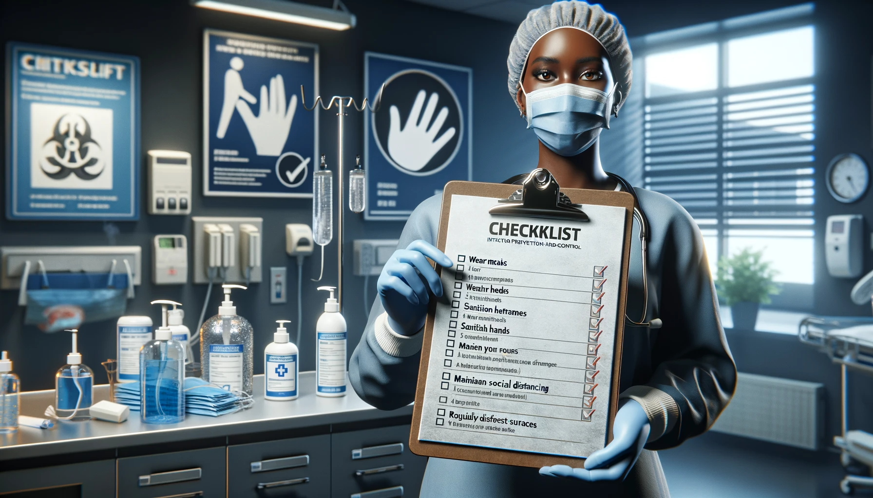 DALL·E 2023 12 23 10.40.59 A realistic depiction of a checklist for Infection Prevention and Control IPAC during a pandemic in a 16 9 resolution