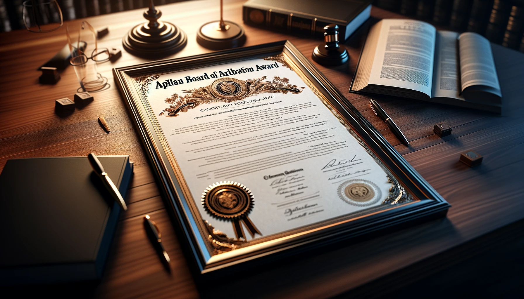 DALL·E 2023 12 23 11.46.29 A realistic image representing an APLAN Board of Arbitration Award in a 16 9 resolution
