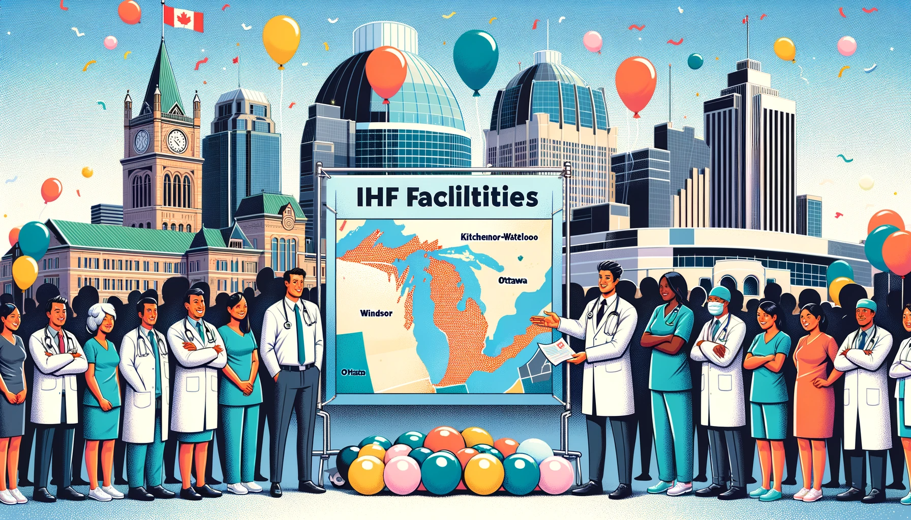 DALL·E 2023 12 24 02.21.56 Illustration representing the announcement of International Health Facilities IHF in Windsor Kitchener Waterloo and Ottawa in 16 9 resolution